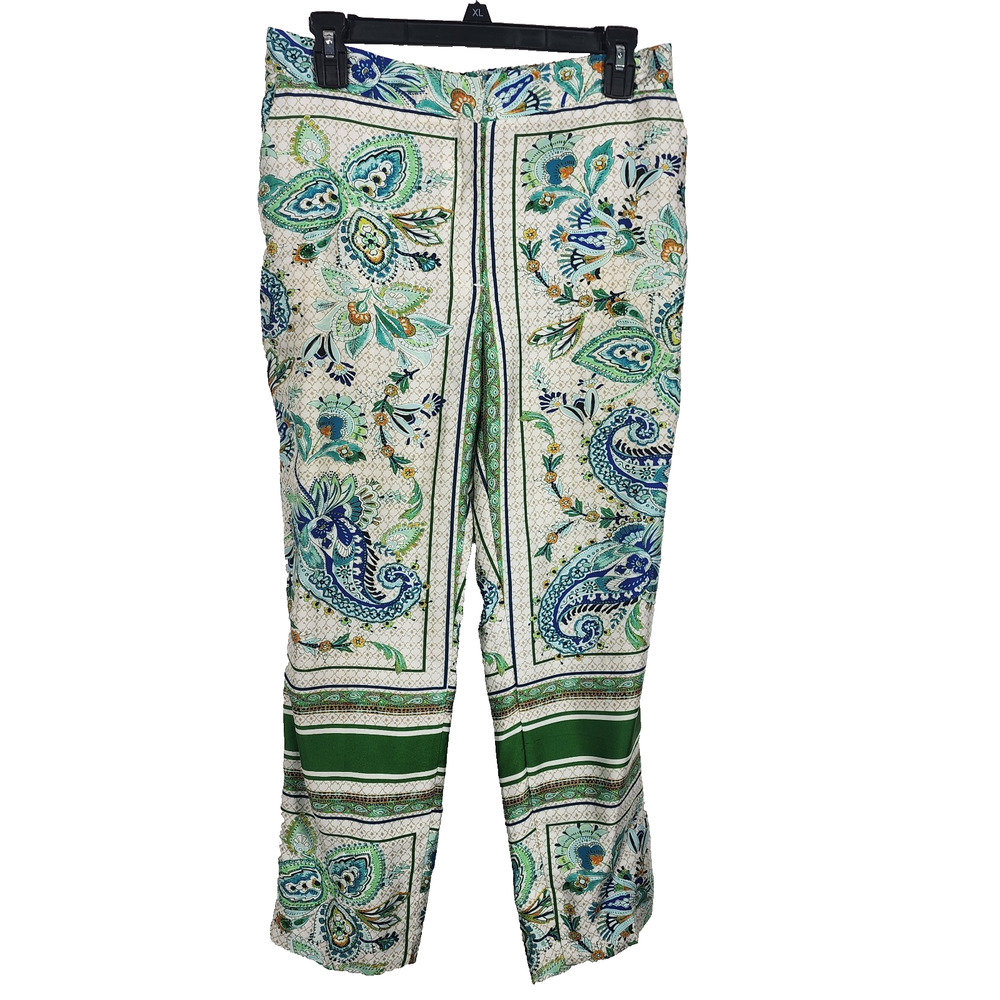 Zara Women’s Satin Paisley Floral Printed Ankle Pants Medium Green Resort Boho